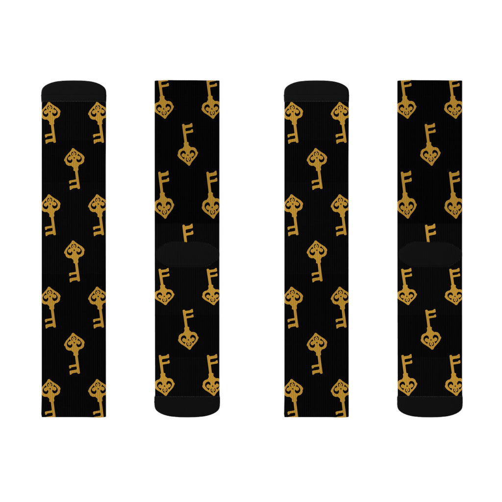 Black Golden Key Sublimation Socks — Black & Gold Vintage Key Crew Socks