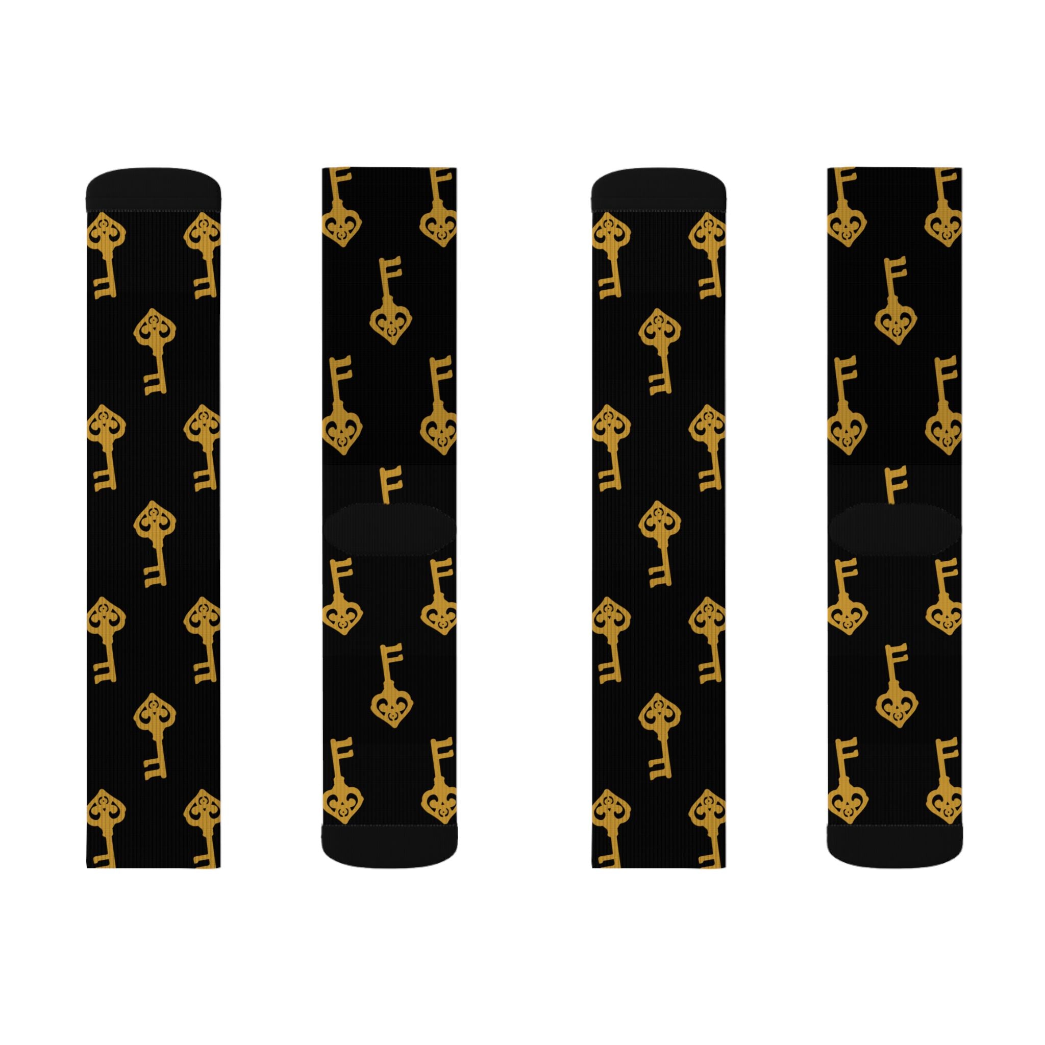 Black Golden Key Sublimation Socks — Black & Gold Vintage Key Crew Socks