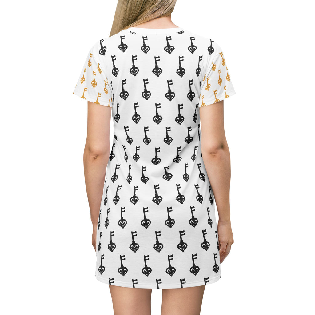 White Black Key & Golden Key Women’s T‑Shirt Dress — Vintage Print