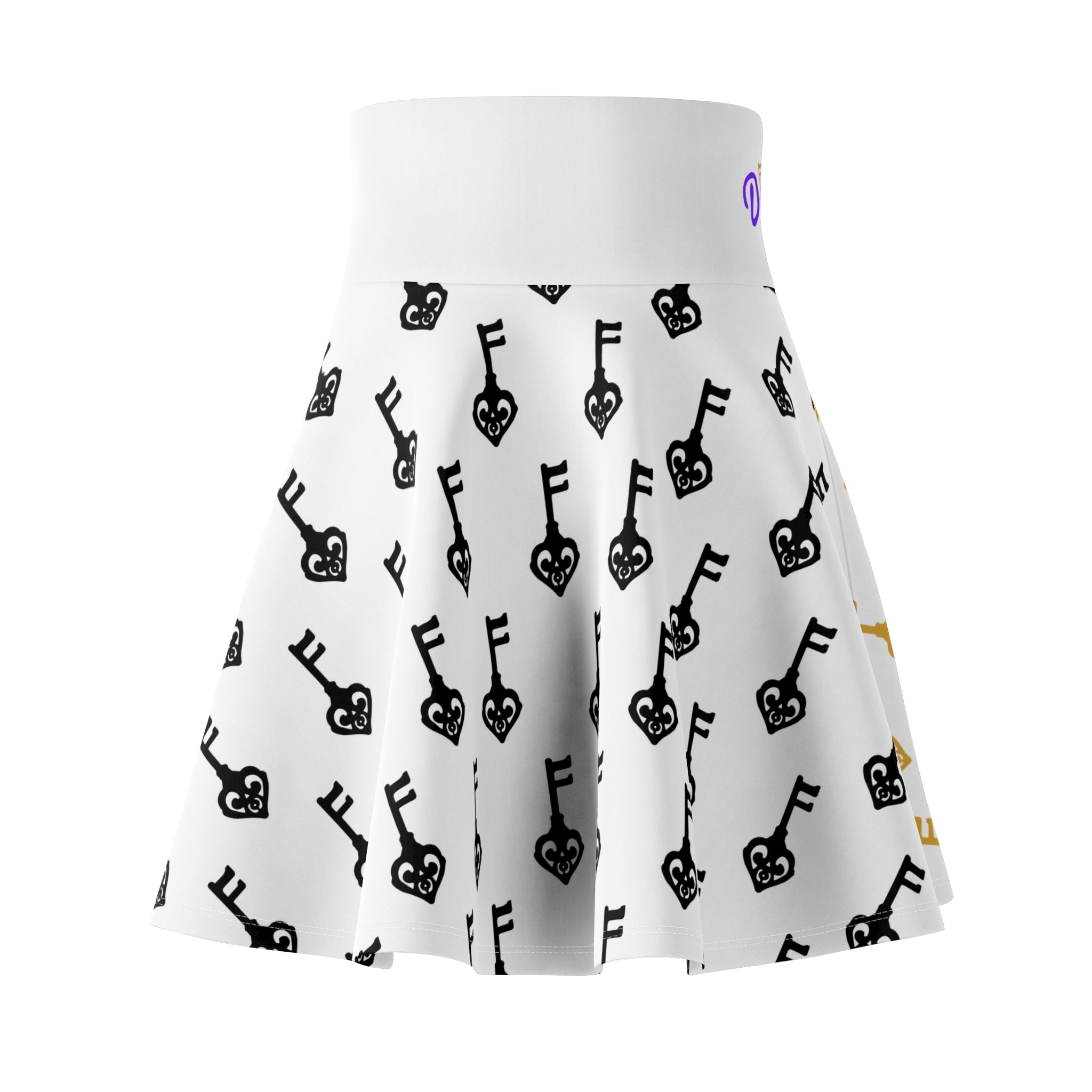 White Golden Key & Black Key Skater Skirt — Gold & Black Women's Skirt