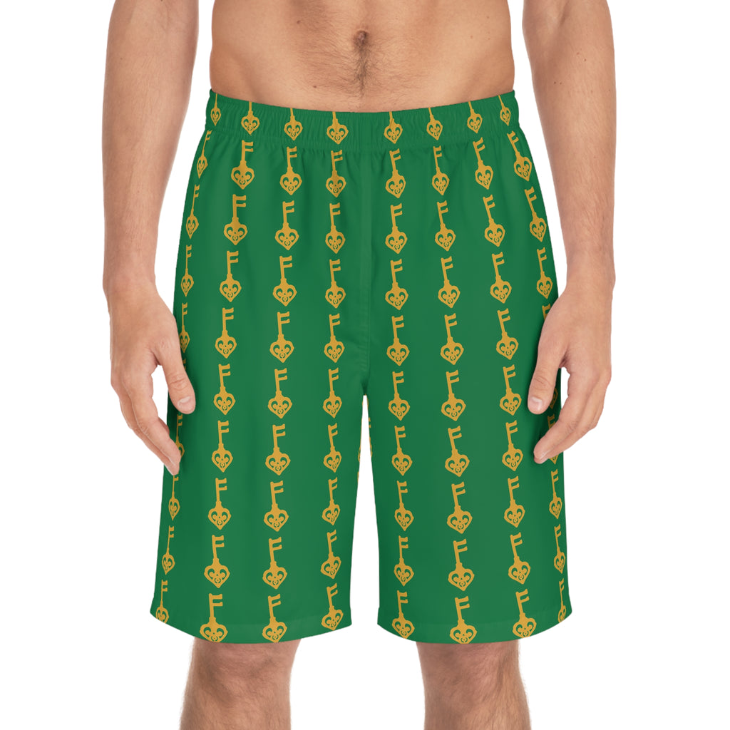 Green Golden Key Board Shorts — Men;s