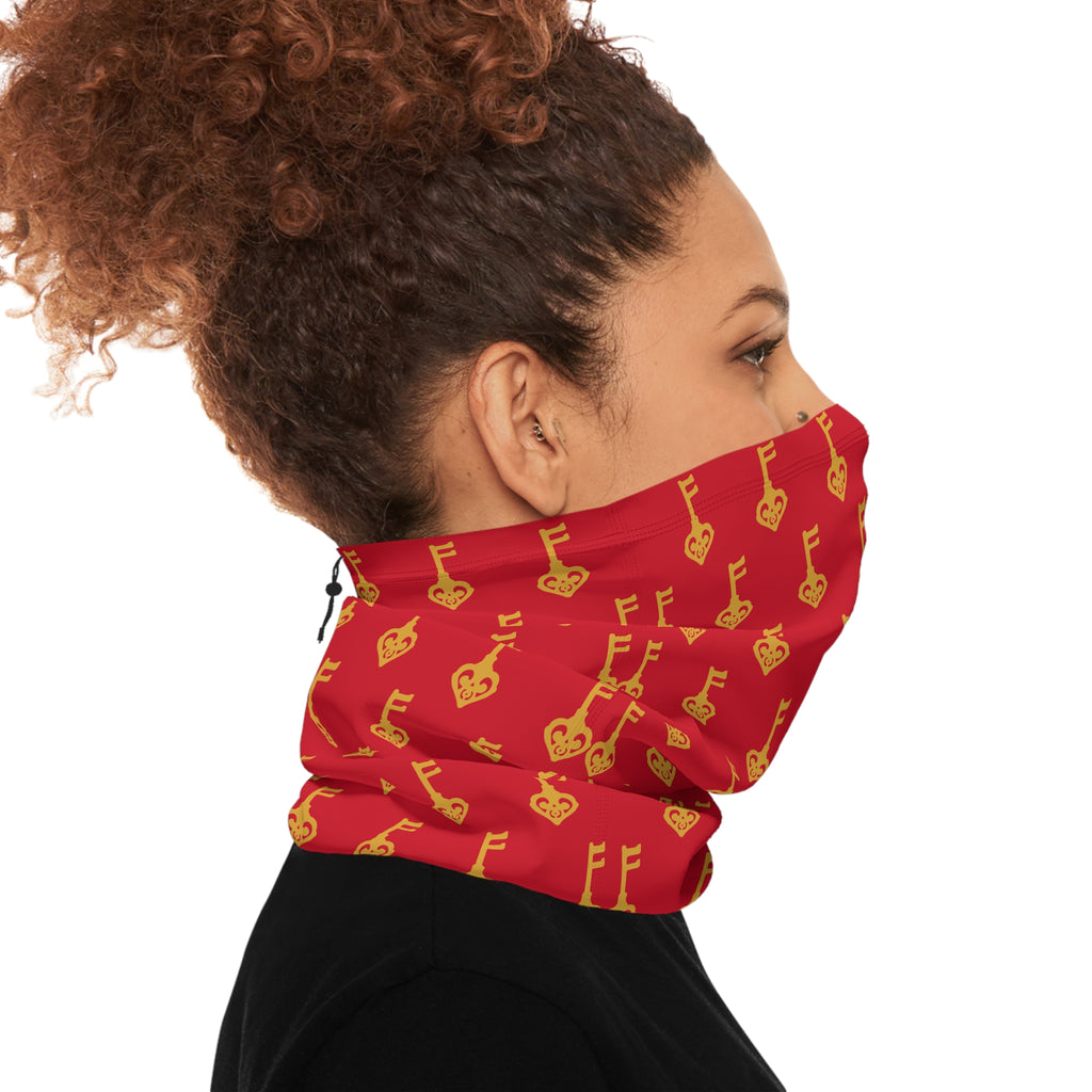 Ruby Red Golden Key Neck Gaiter — Cozy Drawstring Face Scarf