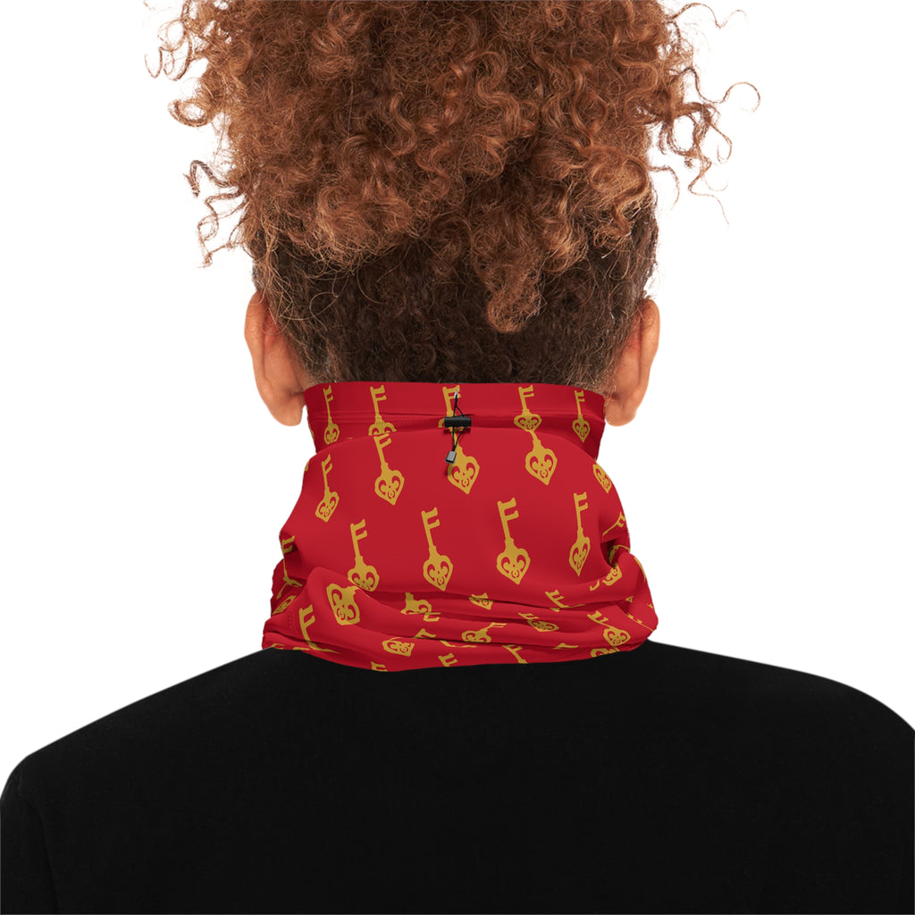 Ruby Red Golden Key Neck Gaiter — Cozy Drawstring Face Scarf