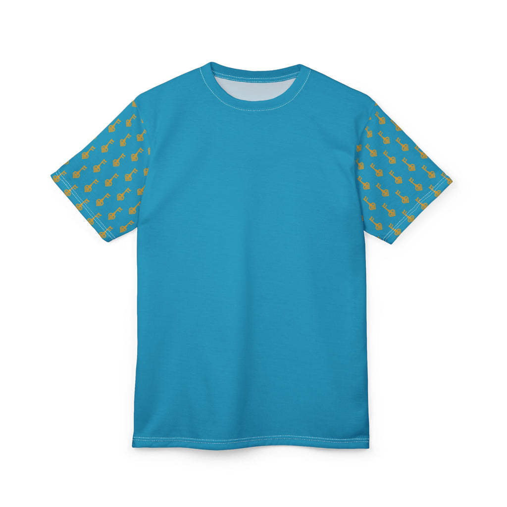 Turquoise Tee with Golden Key Sleeve Pattern