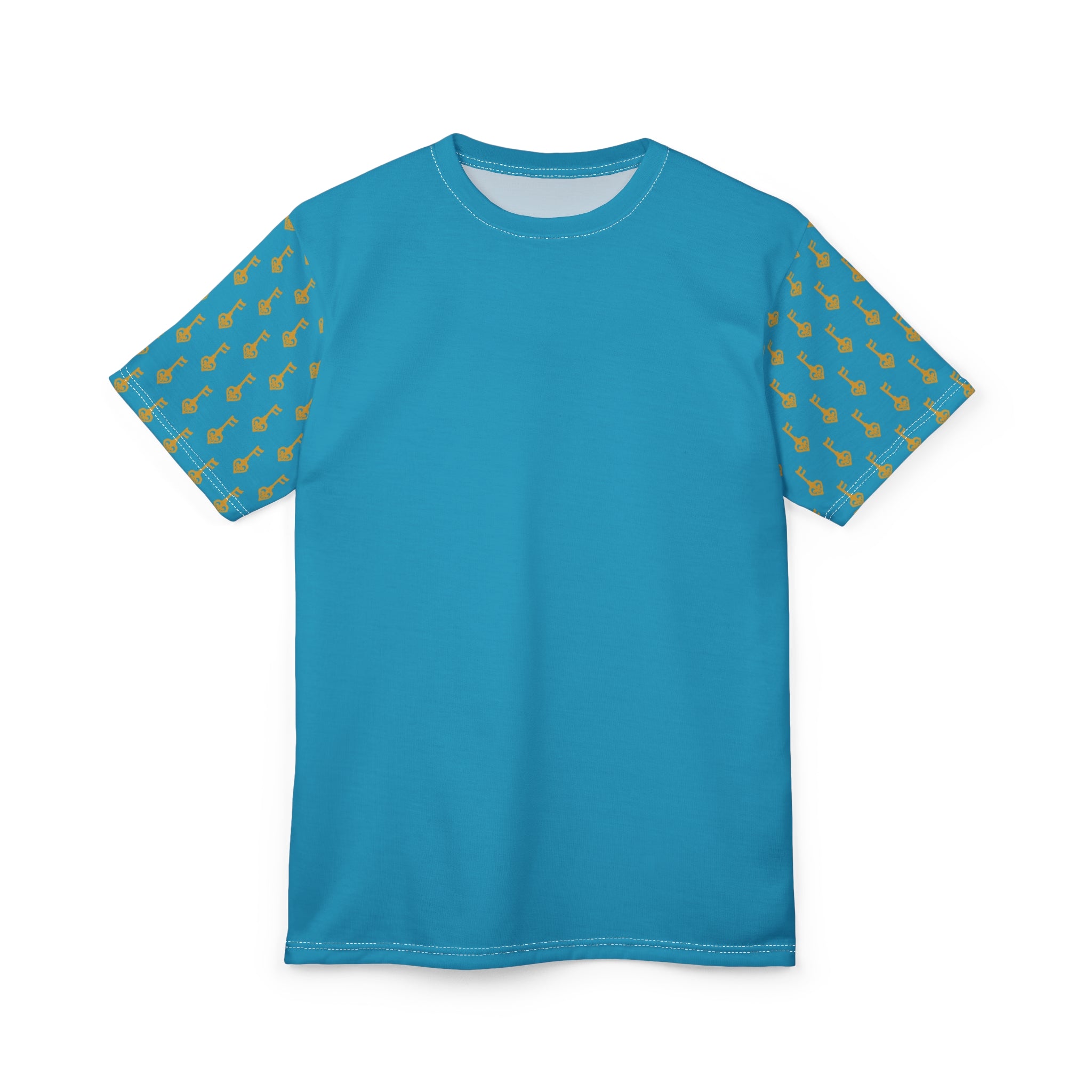 Turquoise Tee with Golden Key Sleeve Pattern
