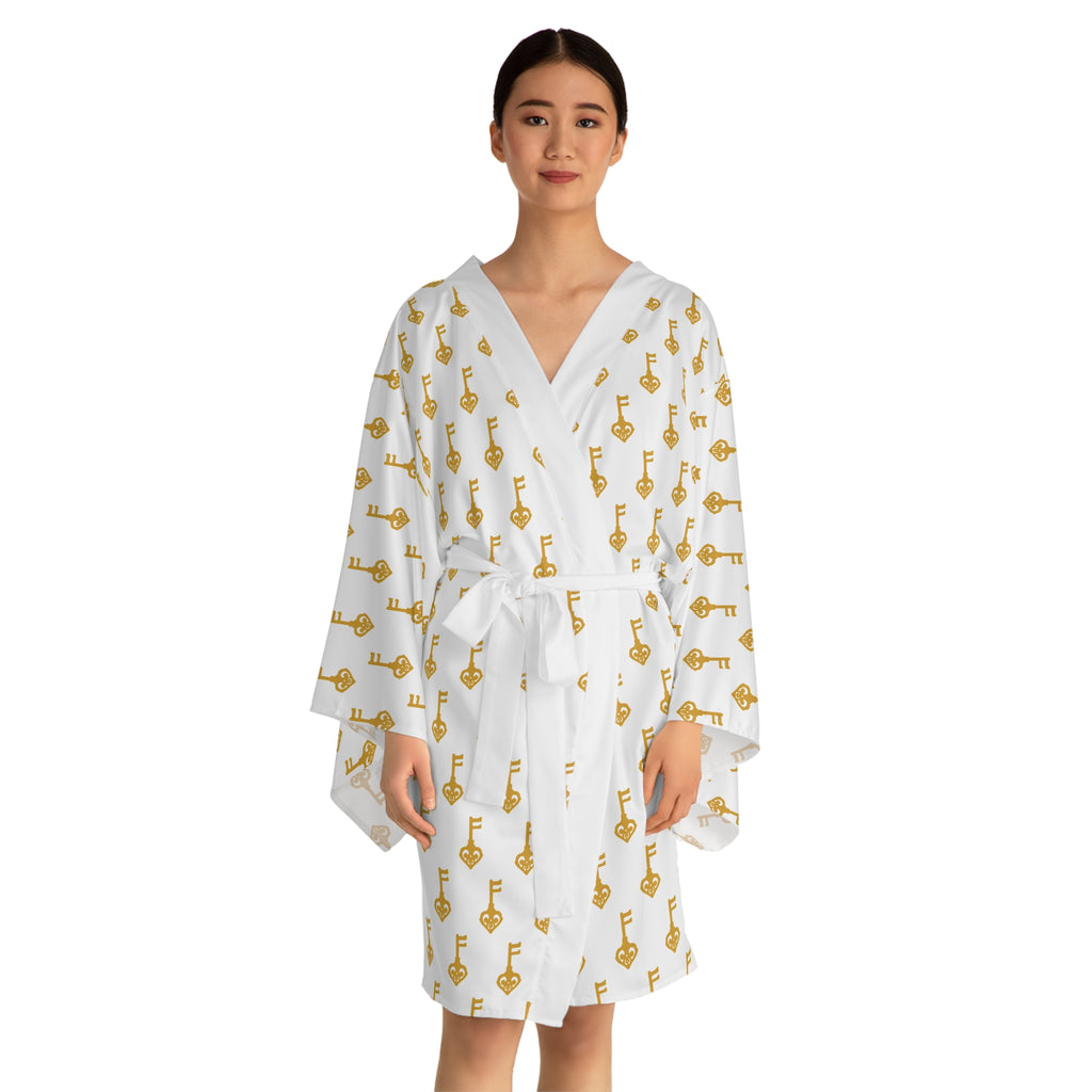 White Golden Key & Black Key Kimono Robe — Lightweight Lounge Wrap