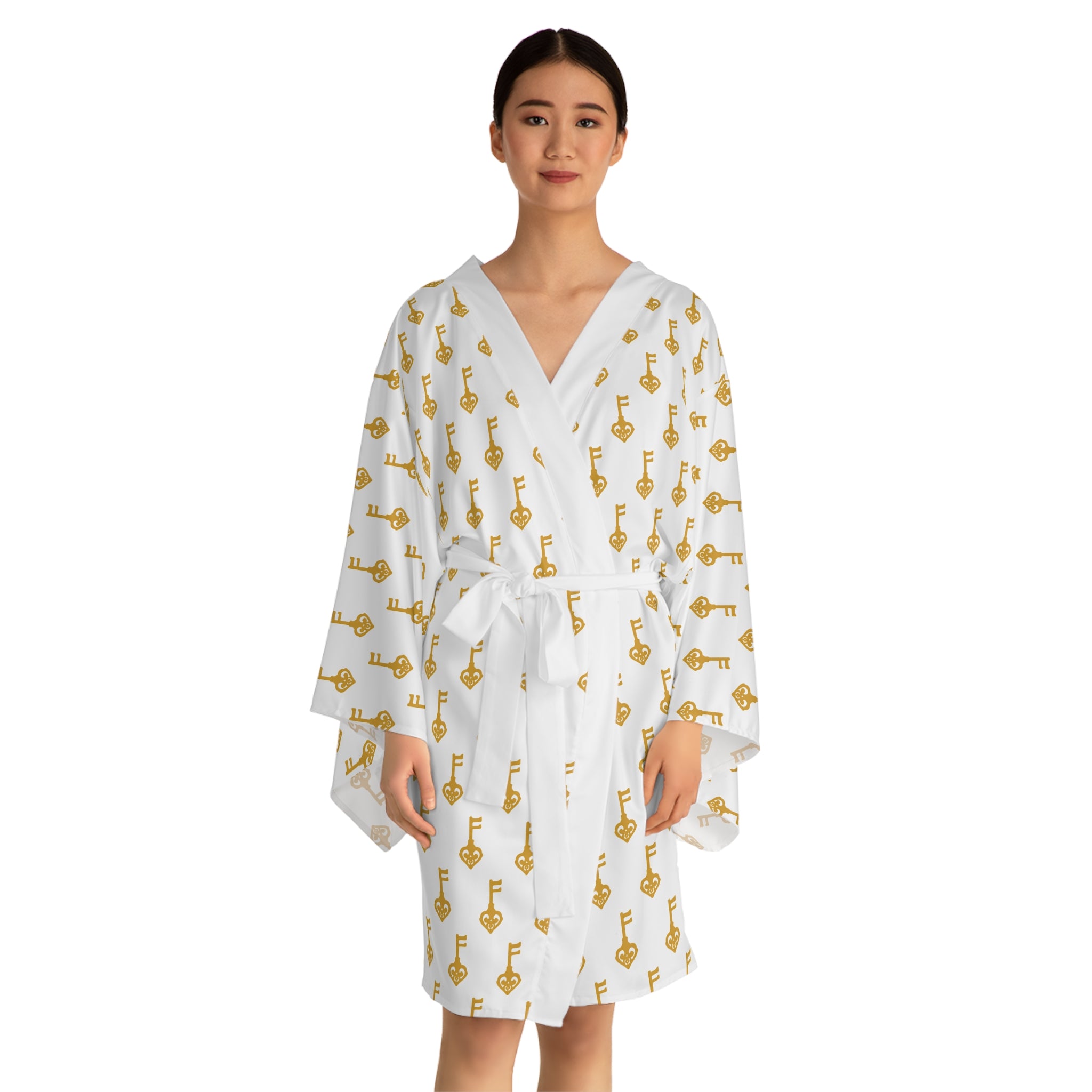 White Golden Key & Black Key Kimono Robe — Lightweight Lounge Wrap