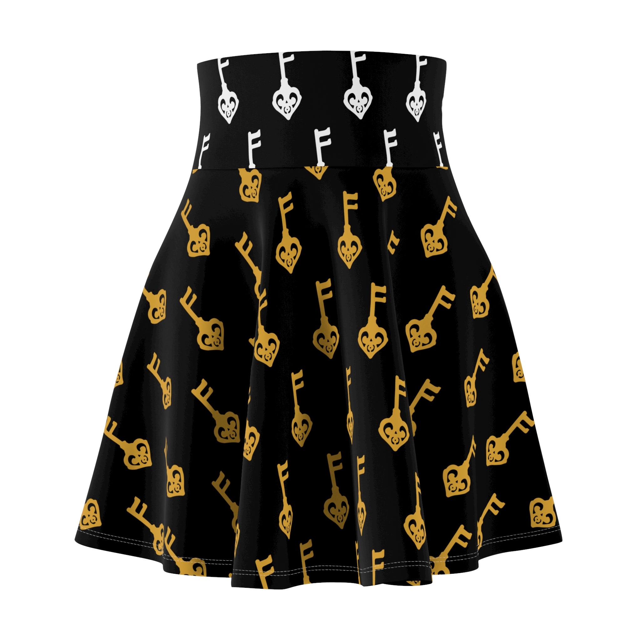 Black Golden Key+ White Key Skater Skirt — Black, White & Gold