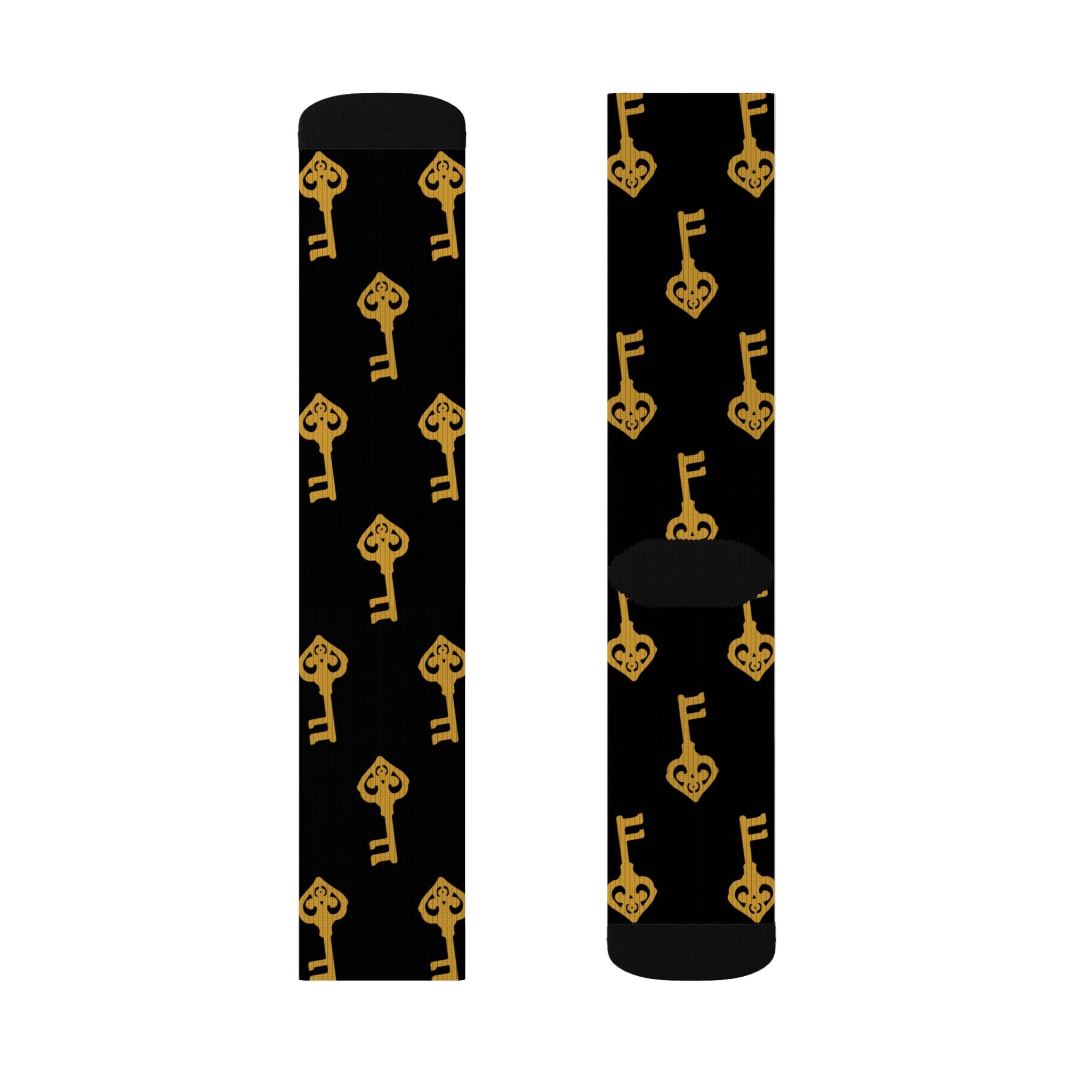 Black Golden Key Sublimation Socks — Black & Gold Vintage Key Crew Socks