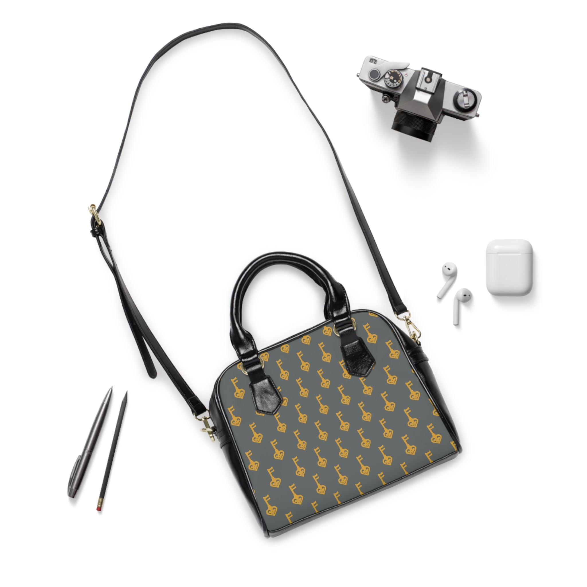 Golden Key Pattern Shoulder Handbag — Elegant Gray Tote for Everyday & Gifts