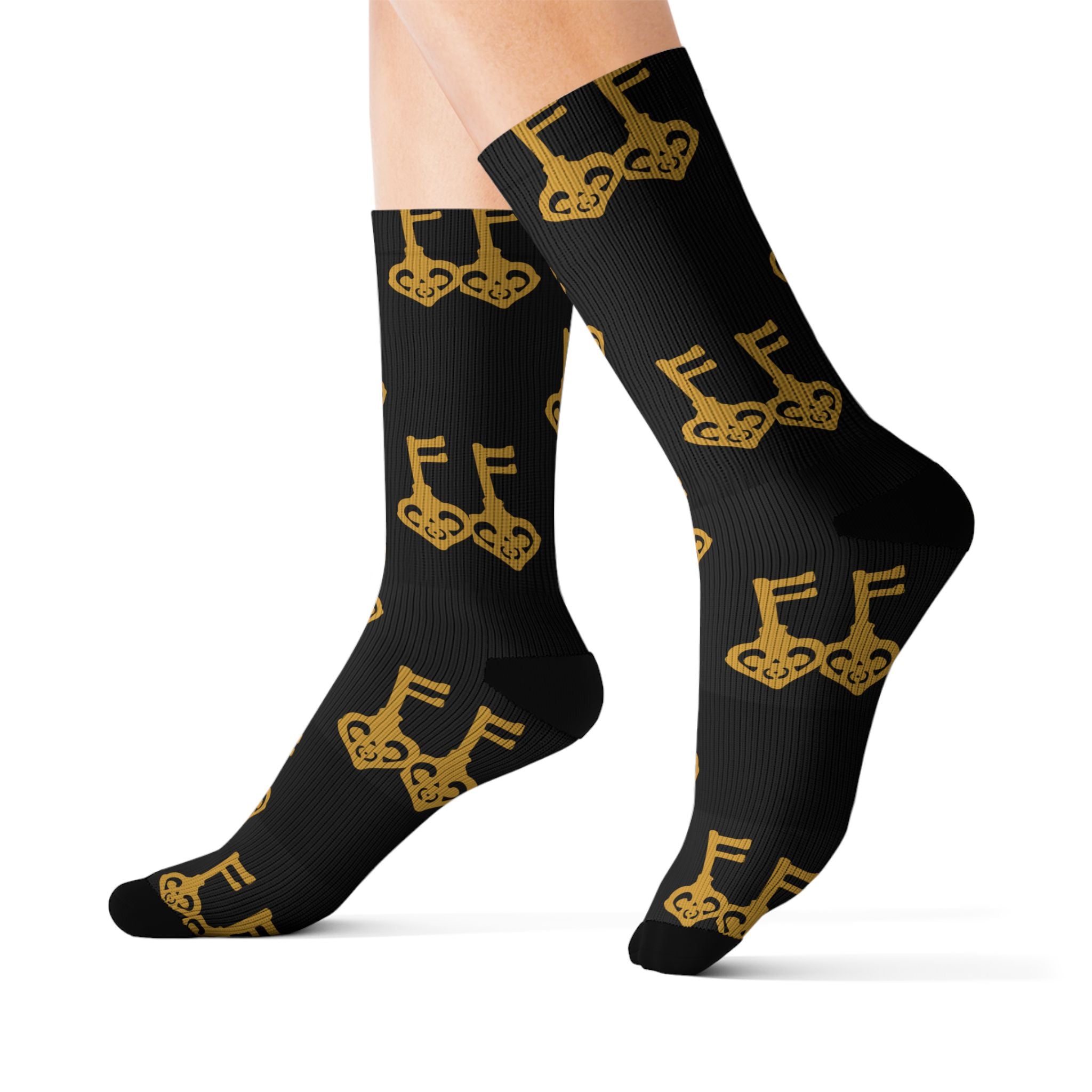 Black Golden Key Sublimation Socks — Black & Gold Vintage Key Crew Socks