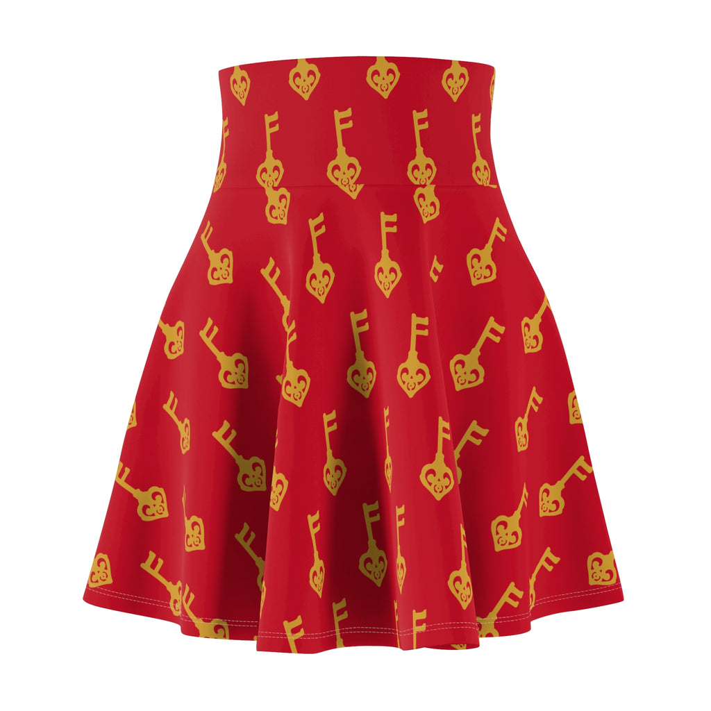 Ruby Red Golden Key Skater Skirt — Romantic Gold Key Print