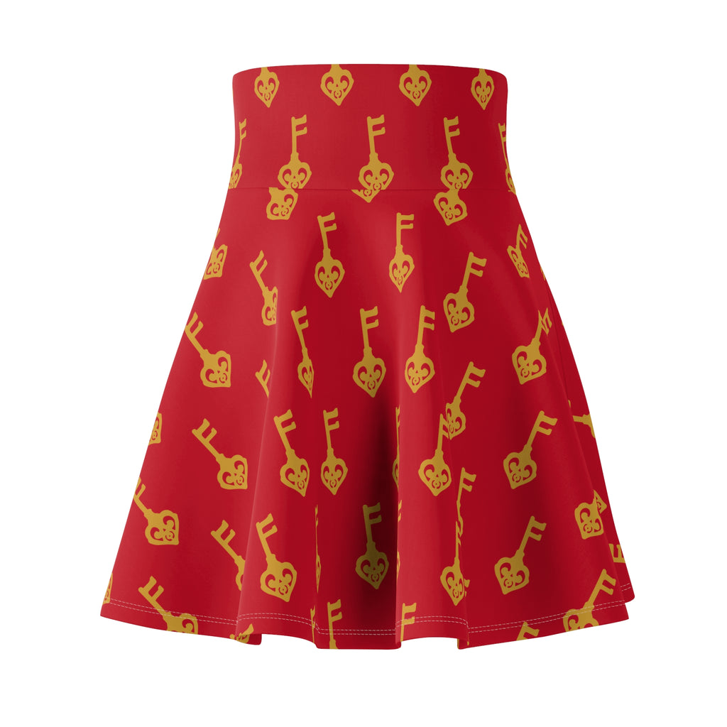 Ruby Red Golden Key Skater Skirt — Romantic Gold Key Print