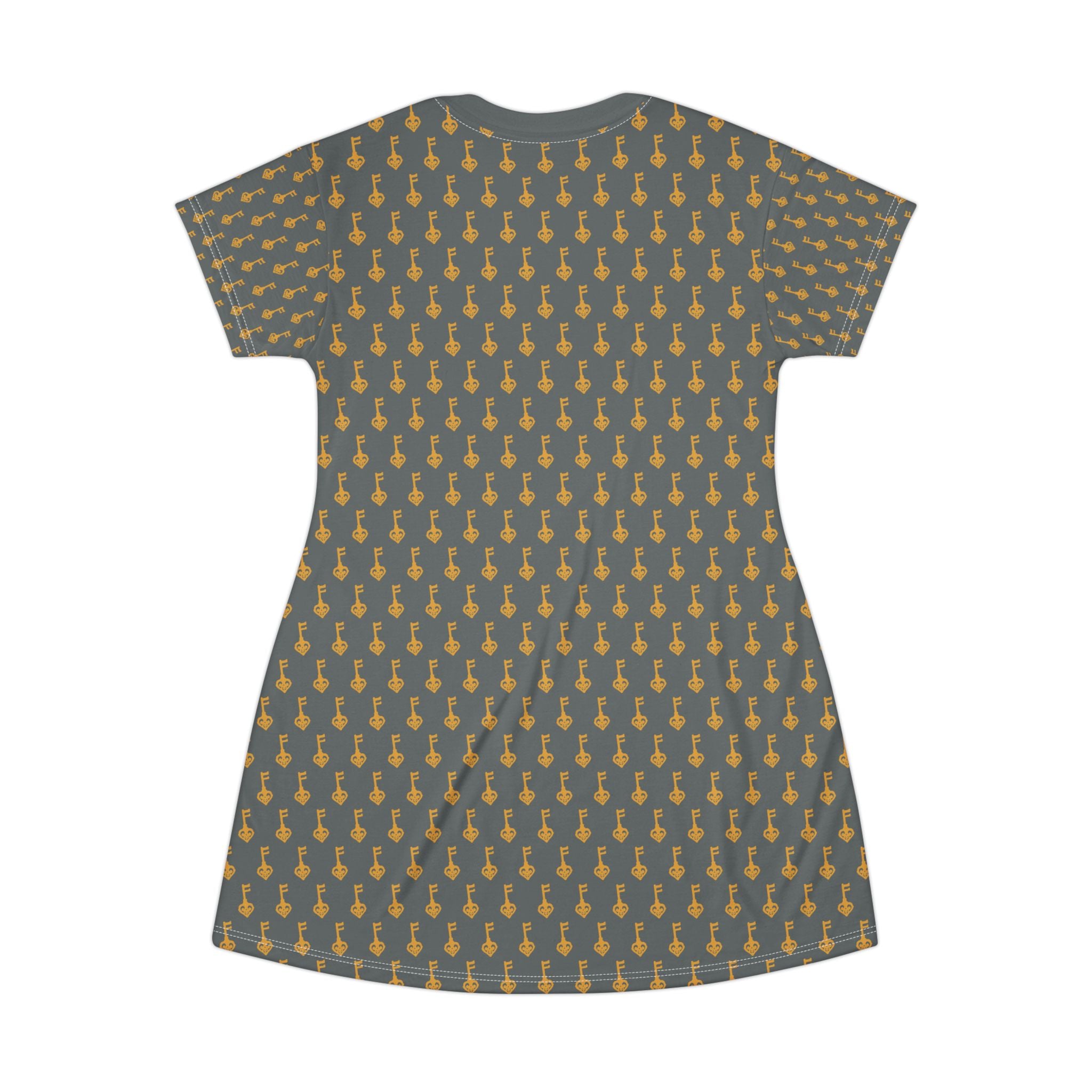 Golden Key Pattern T-Shirt Dress — Grey & Gold Print