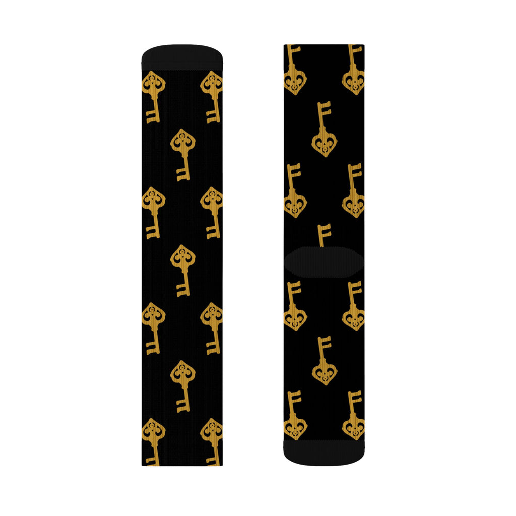 Black Golden Key Sublimation Socks — Black & Gold Vintage Key Crew Socks