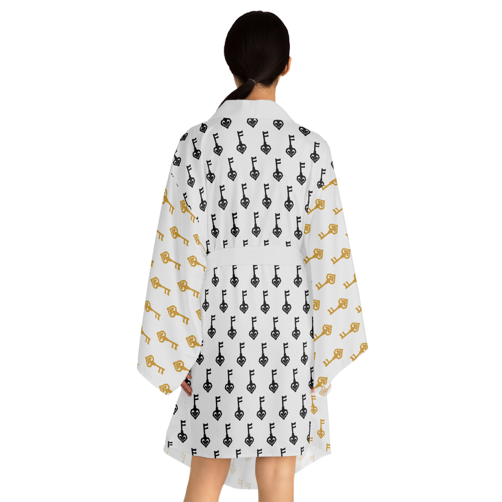 White Golden Key & Black Key Kimono Robe — Lightweight Lounge Wrap