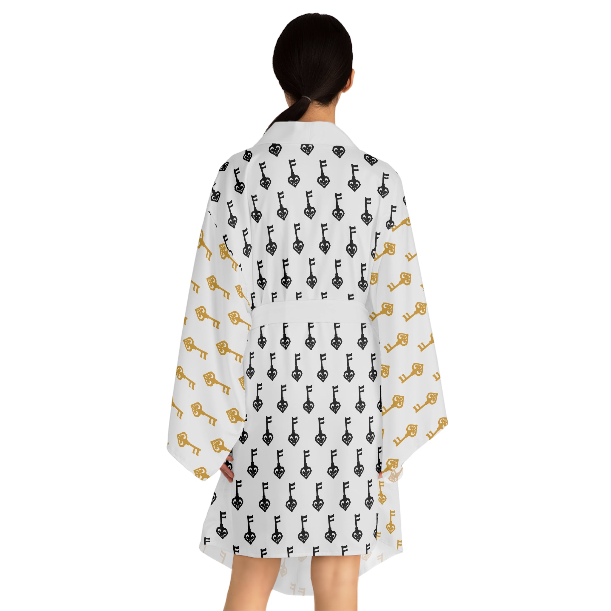 White Golden Key & Black Key Kimono Robe — Lightweight Lounge Wrap