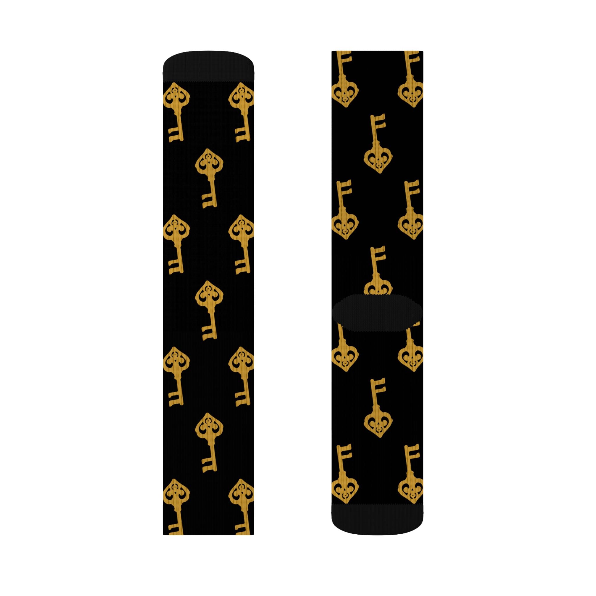 Black Golden Key Sublimation Socks — Black & Gold Vintage Key Crew Socks