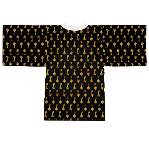 Black Kimono Robe with Golden Key — Luxurious Lounge Jacket