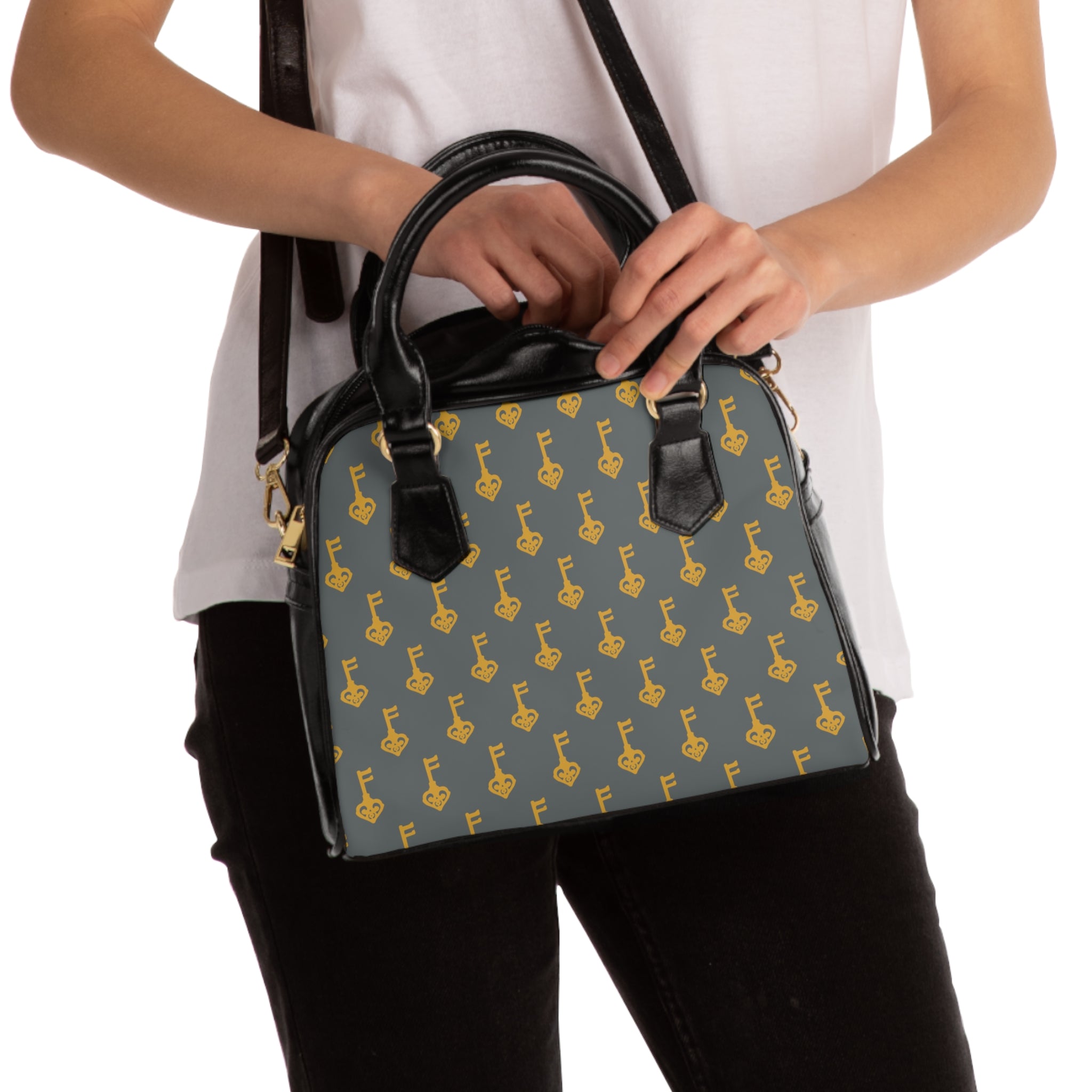 Golden Key Pattern Shoulder Handbag — Elegant Gray Tote for Everyday & Gifts